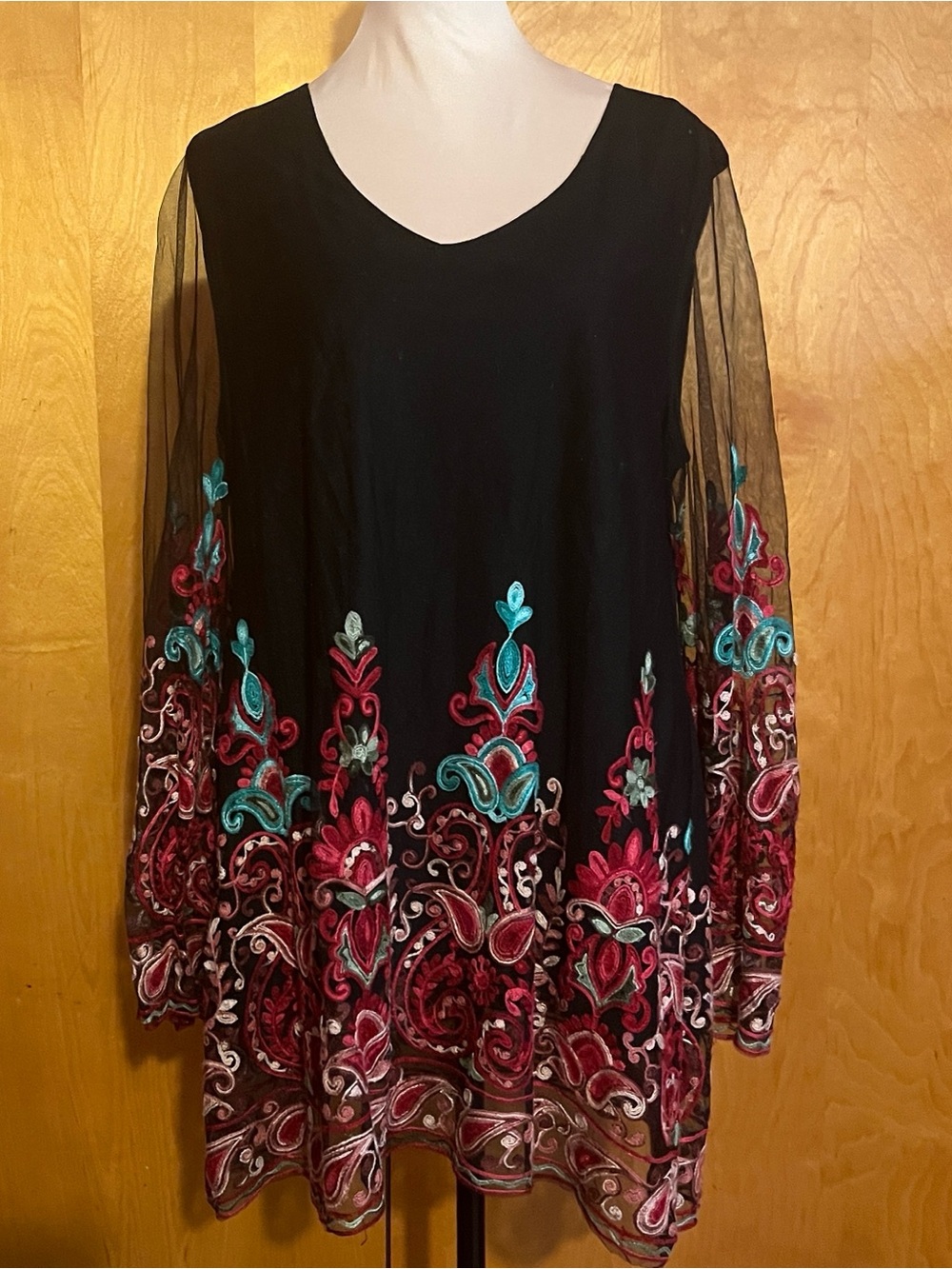 Mechant Large Black Tunic with Red and Green Embroidery